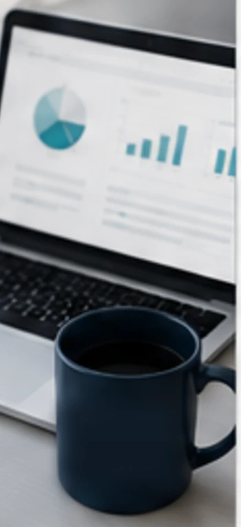 A laptop open on a bookkeeping dashboard, with a mug alongside