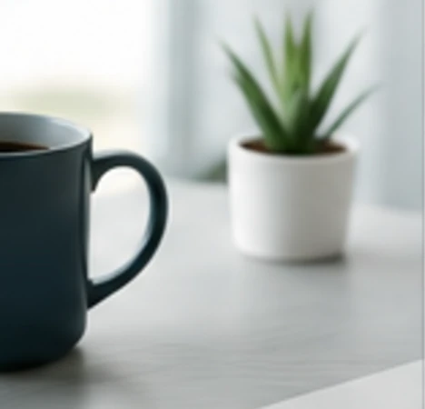 A mug of coffee and a small plant on a bright desk